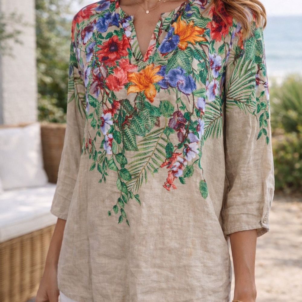 Beige Floral 100% Linen Blouse L Boho Resort Coastal Lightweight Chico’s Sz 2